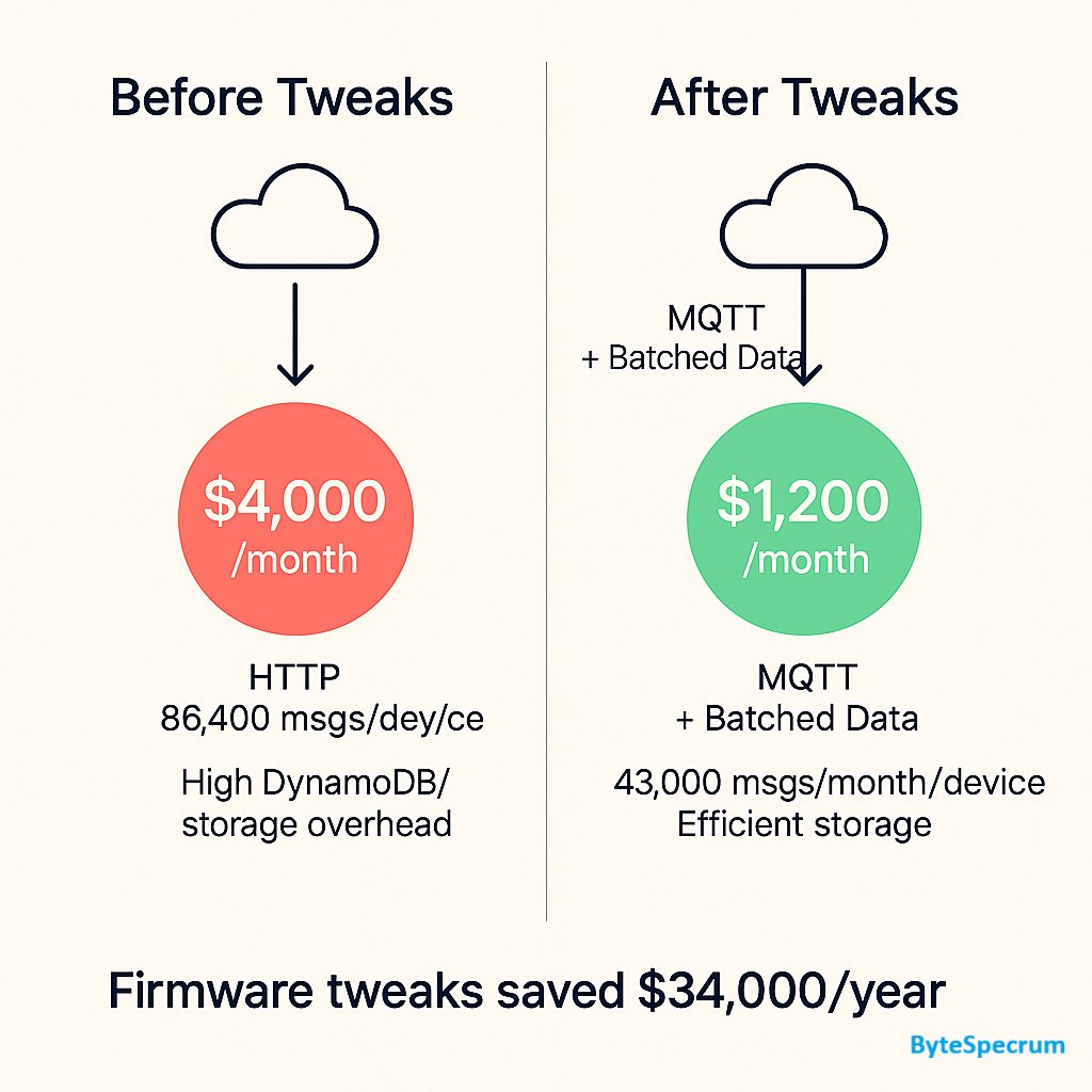 BuildWithByte's tweet image. Sharing the success story of our client:

Here’s how we cut their AWS bill from $4,000 → $1,200/month 👇

With just 2 firmware tweaks, we cut it down to ~$1,200/month.

That’s $34,000 saved per year. Here’s how 👇

The problem:
Devices were pushing every sensor tick to AWS over…