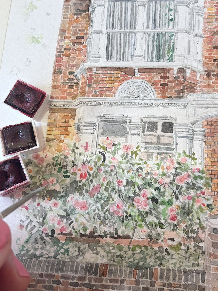 Lovely painting such pretty front gardens this week. #watercolour #homeportrait #arxhitectural #Londontownhouse #rosegarden