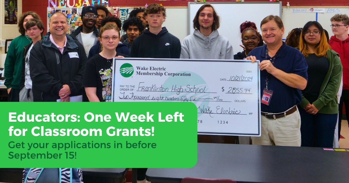 🚨 Teachers! Don’t miss your chance to apply for two Wake Electric grants—deadline is Sept 15!

💡 Bright Ideas: Up to $3,000 for creative classroom projects → wemc.com/bright-ideas-g…
🖥️ CTA: Up to $3,000 for tech tools → wemc.com/classroom-tech/