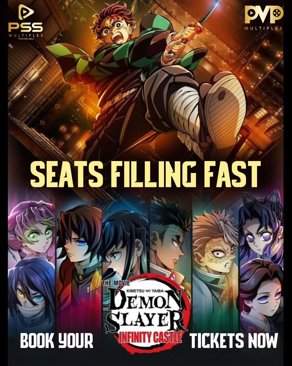 pvpmultiplex's tweet photo. Seats are filling fast. Don't miss the action saga. book your tickets now at the box office and online.
#Demonslayer #anime #fillingfast #bookyourticketsnow #pssmultiplex #pvpmultiplex https://t.co/7aX2yZqLO1