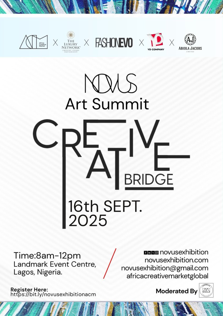 Invitation- Novus art Summit
-Miabo Enyadike (Moderator) 
-Dr Adeola Balogun
Dotun Popoola
-Yulia Daniels   and
 -Harry kesiena ( Head of Arts British Council) 
bit.ly/novusexhibitio…
Registration- 8am
Summit- 10am - 2pm
 Landmark event center
#art #Creatives