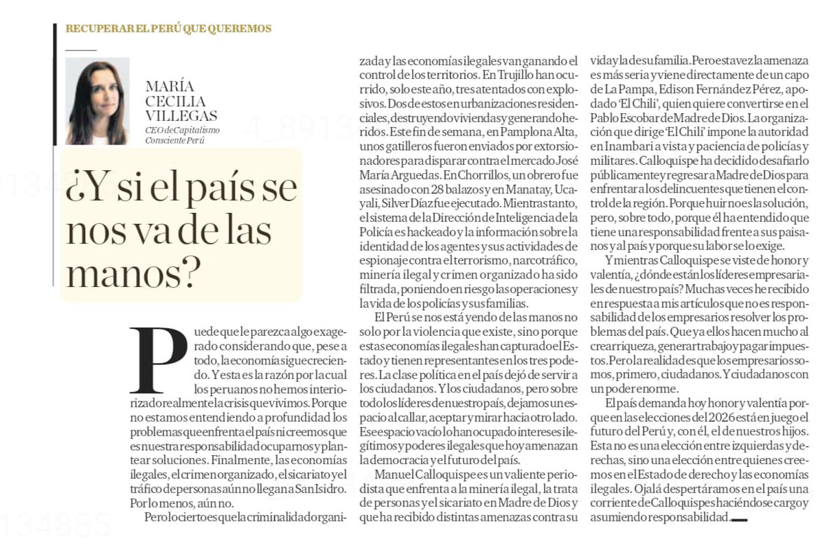 La violencia y las economías ilegales avanzan, y mientras tanto seguimos sin asumir que el Perú se nos puede ir de las manos.

Lee la columna de Ma Cecilia Villegas (<a href="/C_Irreverencias/">MariaCeciliaVillegas</a>), en <a href="/elcomercio_peru/">El Comercio</a>

#LaVozDeLosCEOs #LiderazgoEmpresarialCiudadano #LiderazgoConsciente