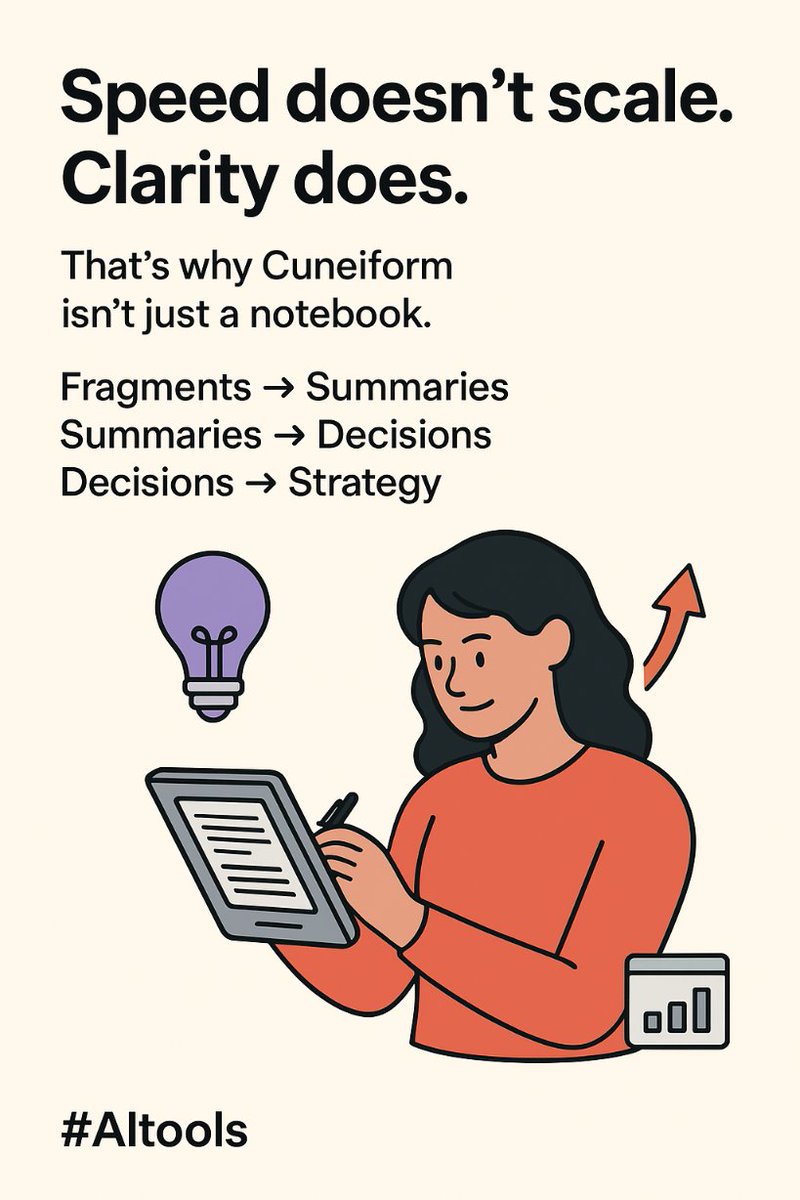CuneiformAI's tweet image. Speed doesn’t scale.
Clarity does.

That’s why Cuneiform isn’t just a notebook.
It’s a thinking partner that turns:
🗒 Fragments → 📄 Summaries
📄 Summaries → 🎯 Decisions
🎯 Decisions → 🚀 Strategy

The future isn’t about typing quicker.
It’s about compounding knowledge.…