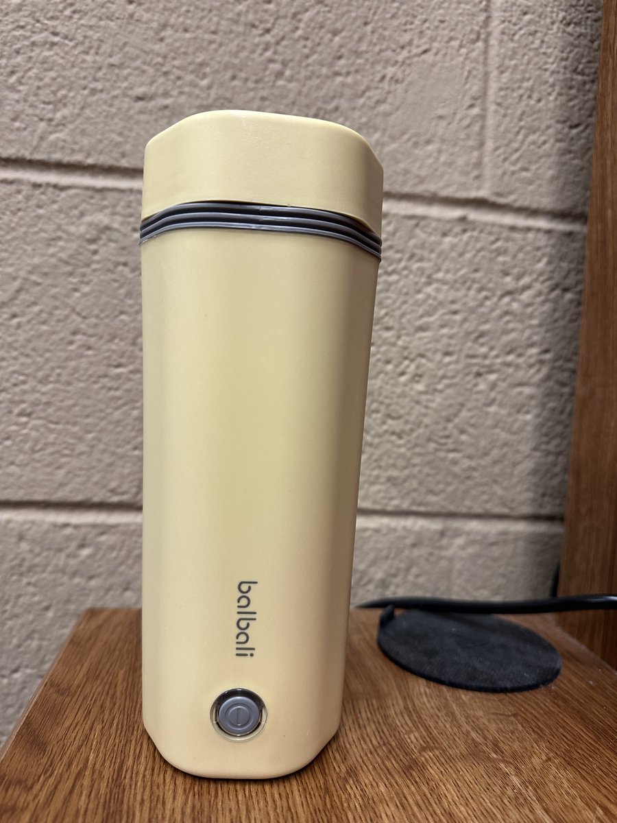 I bought another tumbler identical to the first —except color. I would take the blueish one on trips and forget to bring it back to the office. Not about using hotel room machines. It heats approx 16oz of liquid in under a minute. It’s it pretty? Best office-travel gadget list.