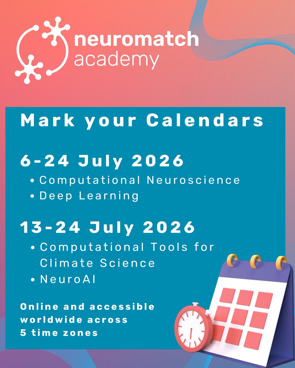 neuromatch's tweet image. 📆 Mark your calendars! Neuromatch Academy 2026 courses are coming!
🧠 #ComputationalNeuroscience & #DeepLearning (6–24 July)
🌍 Computational Tools for #ClimateScience & #NeuroAI (13–24 July)
➡️ Applications open Feb 2026. Sign up for updates: buff.ly/i8h5t6f