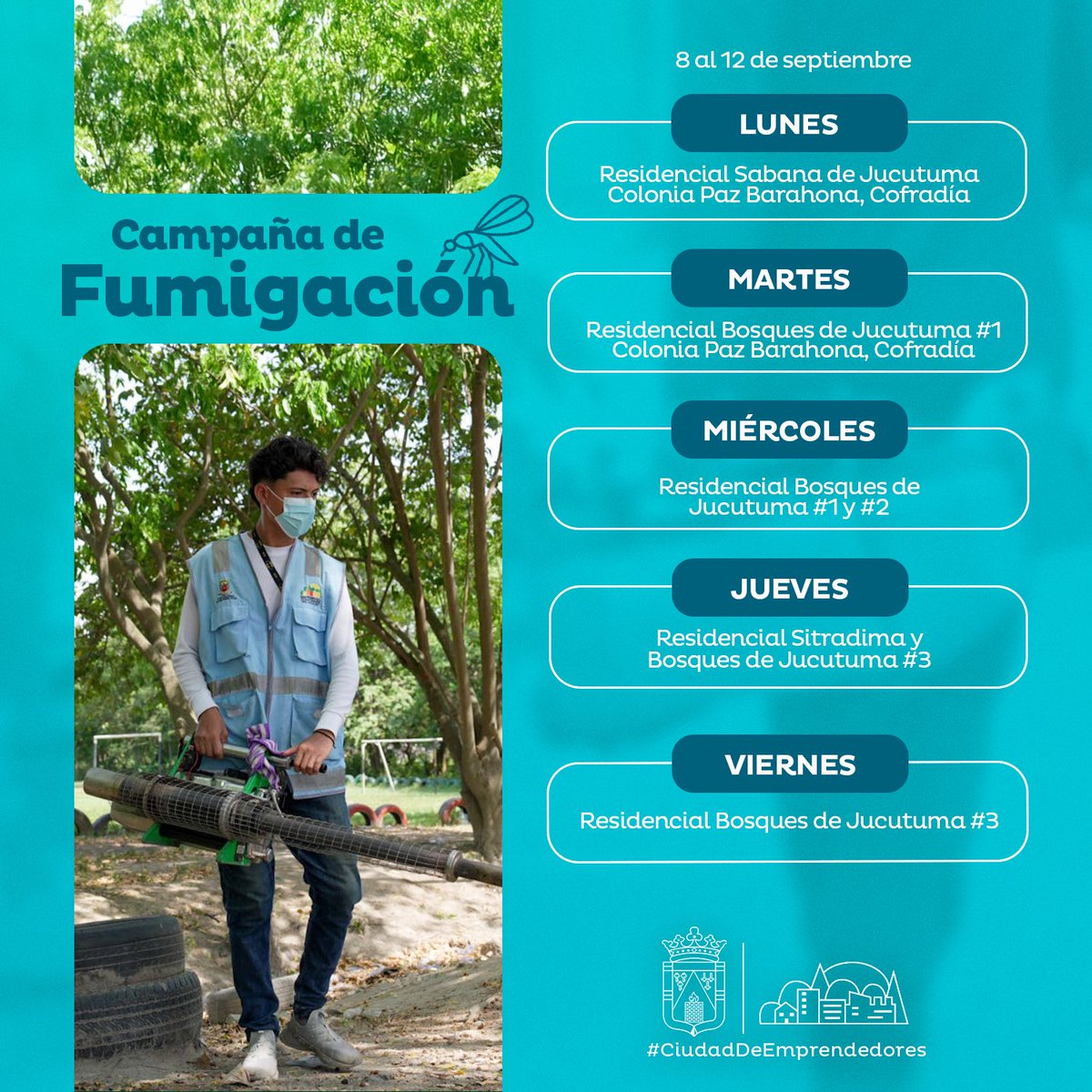 Municipalidad de San Pedro Sula (@munidesps) on Twitter photo ¡Continuamos! 🦟
Conoce dónde estará nuestro equipo de la administración del alcalde <a href="/RobertoContreM/">Roberto Contreras</a> realizando labores de fumigación del 8 al 12 de septiembre. ¡Continuamos! 🦟
Conoce dónde estará nuestro equipo de la administración del alcalde <a href="/RobertoContreM/">Roberto Contreras</a> realizando labores de fumigación del 8 al 12 de septiembre.
