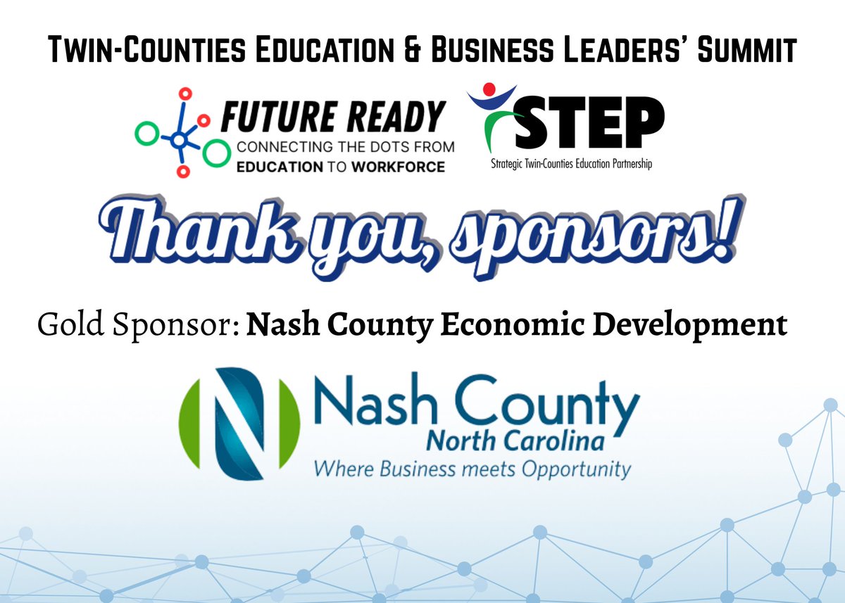 We are so excited to have Nash County Economic Development as a Twin-Counties Education &amp; Business Leaders' Summit Gold Sponsor! Thank you for investing in our community! #thankyouforyoursupport #CommunityImpact #EducationLeaders #BusinessLeaders