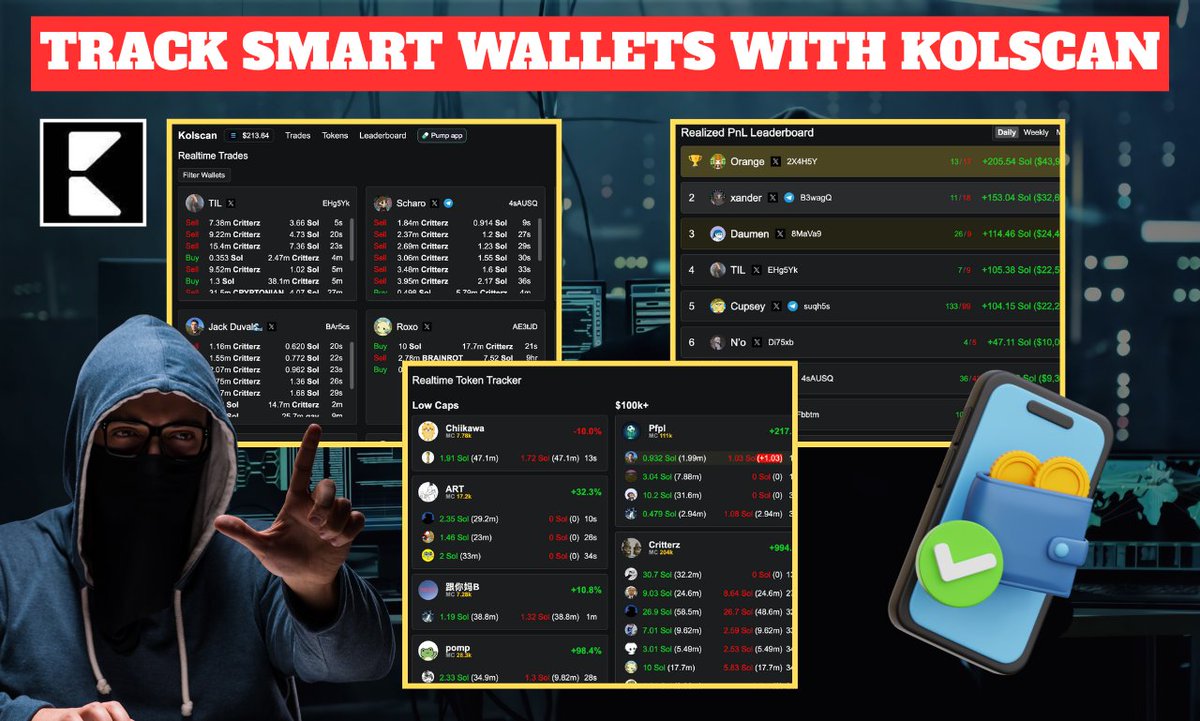 Kolscan is a free tool that helps you spot profitable meme coin traders on Solana. Track whales and top traders in real time, see their P&amp;L and token holdings. Discover which coins are trending and find the best-performing wallets quickly!

Video: youtu.be/uCnoX5v-Tk4?si…