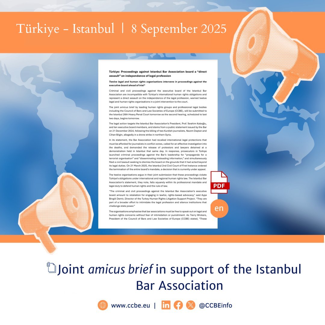 #EndangeredLawyers in #Turkey The CCBE  with 11 other organisations submitted a joint amicus brief in support of the Istanbul Bar Association. Bar associations must be free to speak out without fear of reprisals:ccbe.eu/fileadmin/spec…