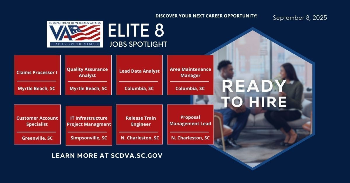 LEVEL UP YOUR CAREER! 
This week’s Ready to Hire Elite 8 jobs are all about advancement and opportunity. Spot one that fits your goals? Visit buff.ly/w6kdT7x and Apply Today! 

#SCDVA #SCJobs #ReadyToHire