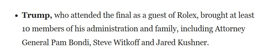 JamesSurowiecki's tweet image. Trump attended the US Open as a &quot;guest of Rolex&quot; - which just happens to be facing 39% tariffs on its watches that Trump imposed a few weeks ago. Open corruption continues.