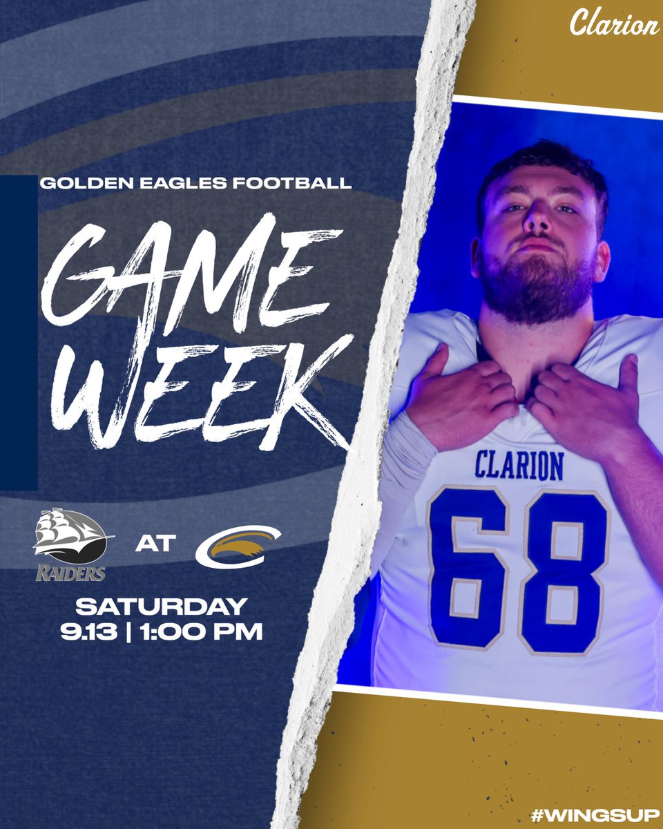 Back home at Al Jacks Field! 

🏈 | vs. Shippensburg 
📅 | Saturday, September 13
⏰ | 1:00 PM 
📍 | Clarion, PA 

#WingsUp