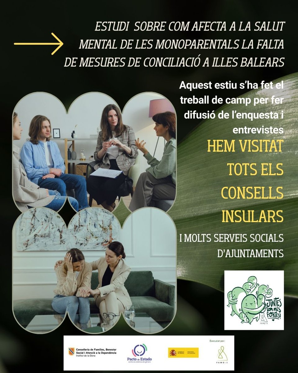 FAMOIB's tweet image. Estudi sobre com afecta a la salut mental de les monoparentals la falta de mesures de conciliació a Illes Balears.  Aquest estiu s’ha fet el treball de camp per fer difusió de l’enquesta i entrevistes.  Hem visitat tots els Consells Insulars i molts Serveis Socials d'Ajuntaments.