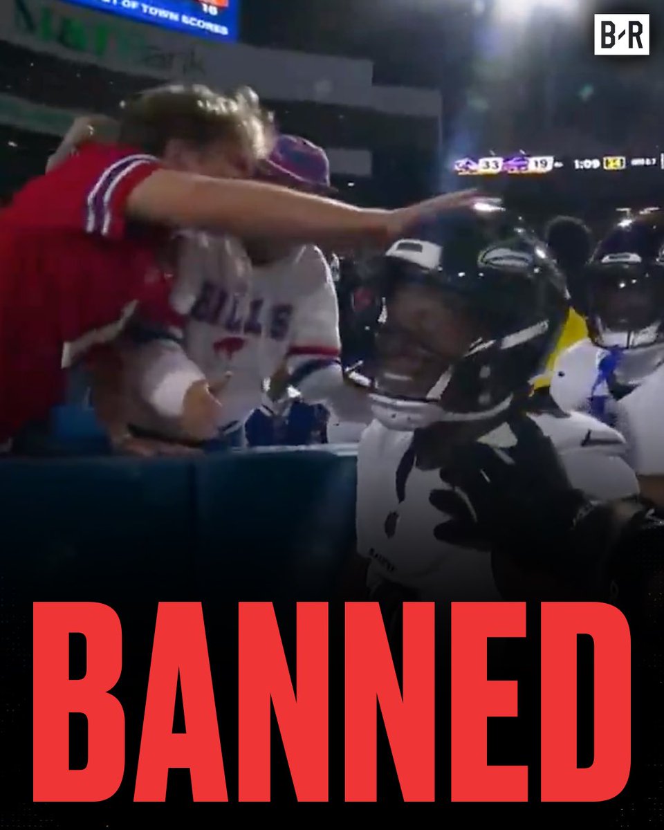 A Bills team official announced that the fan who was ejected for shoving DeAndre Hopkins and Lamar Jackson has been “indefinitely banned from Bills and NFL stadiums”