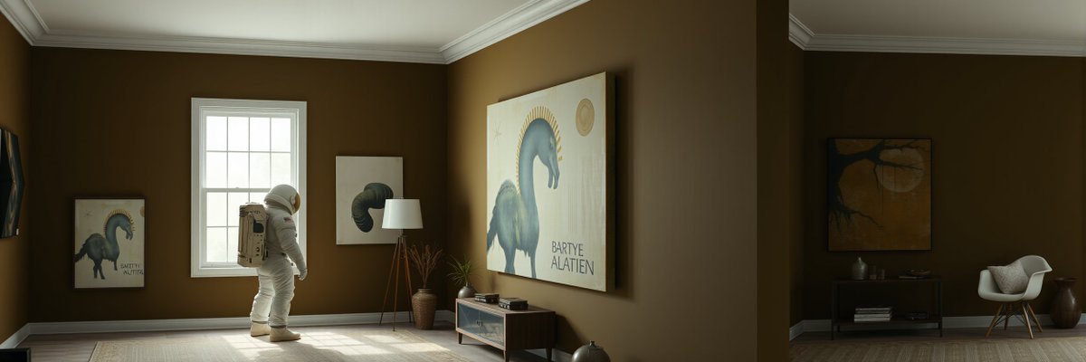 Artistic scene of an astronaut in a room with dinosaur paintings, representing caution in the crypto space