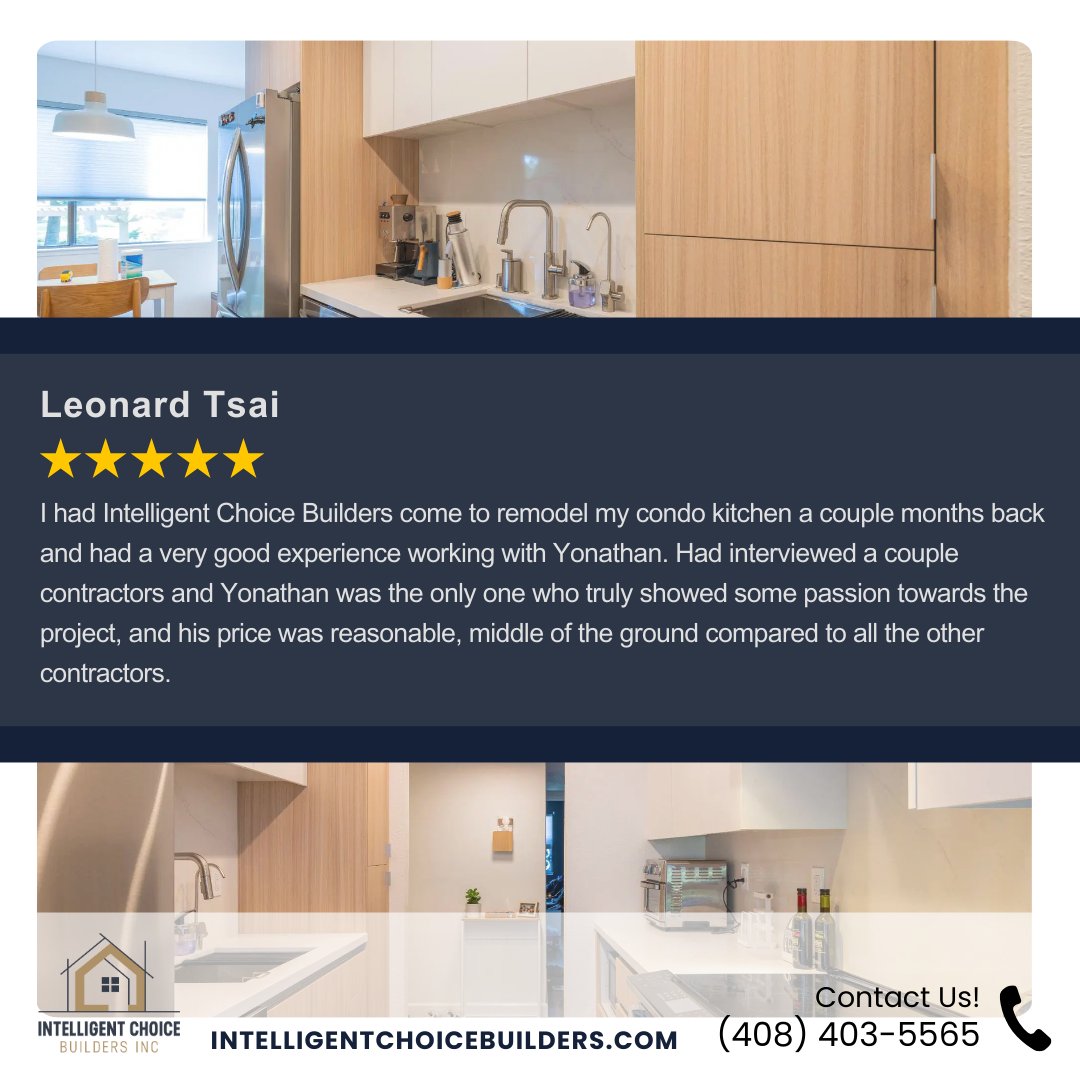 ICBuilders2023's tweet photo. Leonard’s condo kitchen delivered thoughtful design and fair pricing ✅. We appreciate the trust and the kind words. Planning a condo update? Call (408) 403-5565 • Open 8 am-6 pm Mon-Fri, 10 am-4 pm Sun. https://t.co/6UnMWlID6z