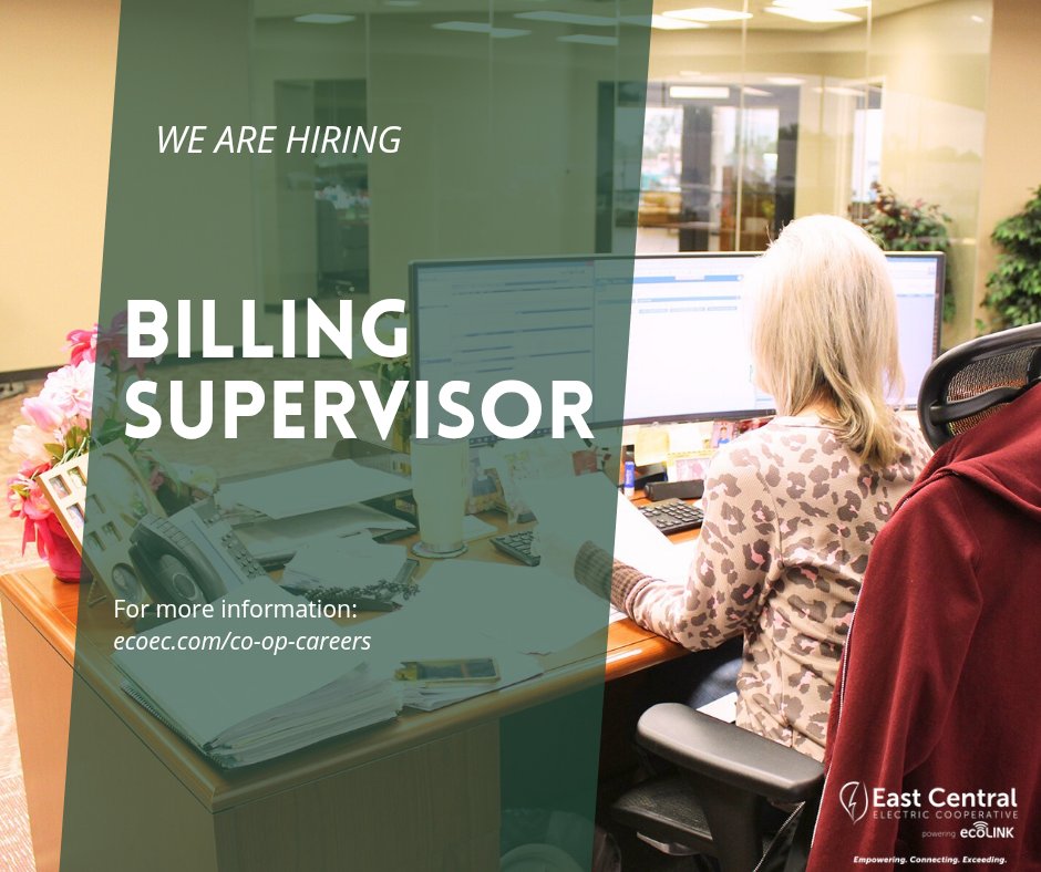 We are currently hiring for a billing supervisor. For more information visit ecoec.com/co-op-careers
