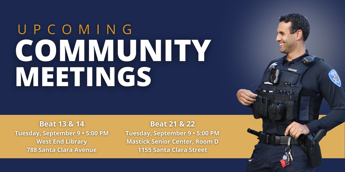 Tomorrow, Tuesday, September 9th, the Alameda Police Department will host Community Meetings for residents and businesses in Beats 13, 14, 21 and 22.

To find your beat or identify future community meeting dates and locations, please visit: alamedaca.gov/Departments/Po…