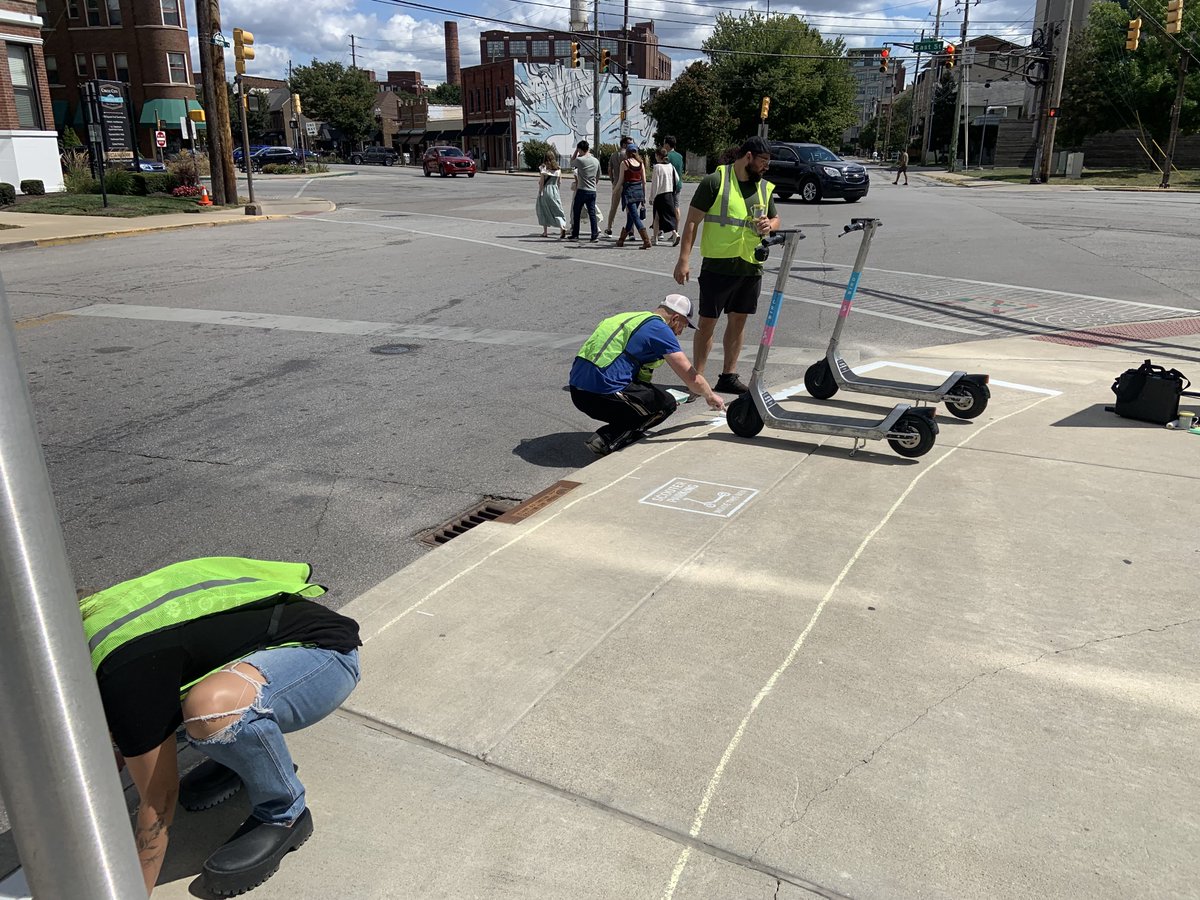 IndyDPW's tweet photo. Soon, scooter companies will create geofencing around these designated parking areas, requiring users to end their rides inside the marked areas.

This effort will de-clutter our streets and reduce hazards. Be on the lookout for these areas across Mass Ave! https://t.co/OeruNA1FHG
