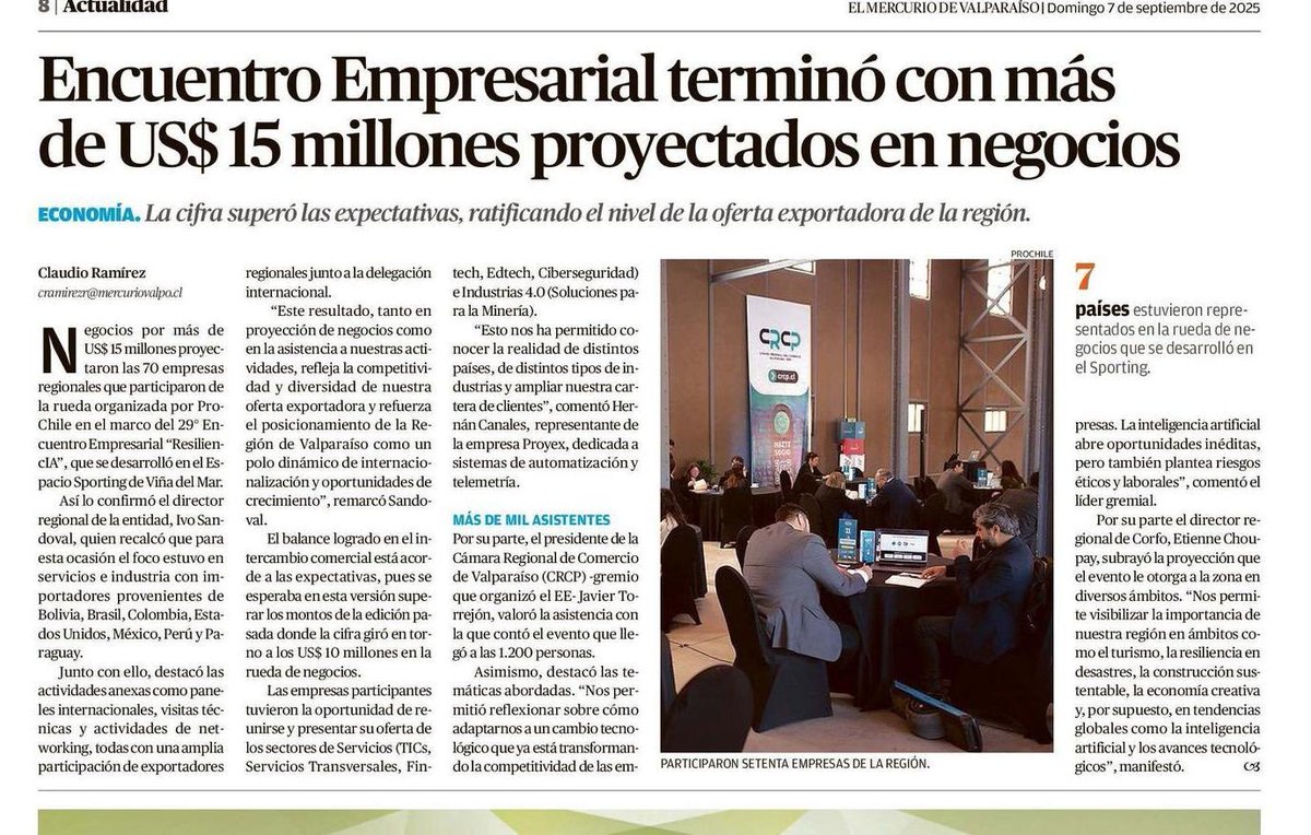 🎉 Valparaíso brilla en el 29º Encuentro Empresarial: 70 empresas proyectaron +US$15 millones en negocios 🌐 Con 7 países y +1.200 asistentes, demostramos que nuestras pymes tienen talento y proyección internacional 💪✨