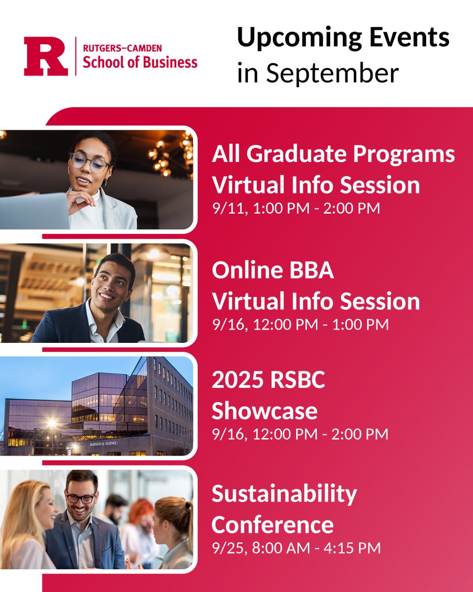 We’d like to bring your attention to some events happening THIS MONTH that can help you take that next step: 👣👣

🔗 You can find more event/registration details on our RSBC webpage: go.rutgers.edu/ylk8gp8i

#RSBC #RutgersBusiness #GraduatePrograms #Career