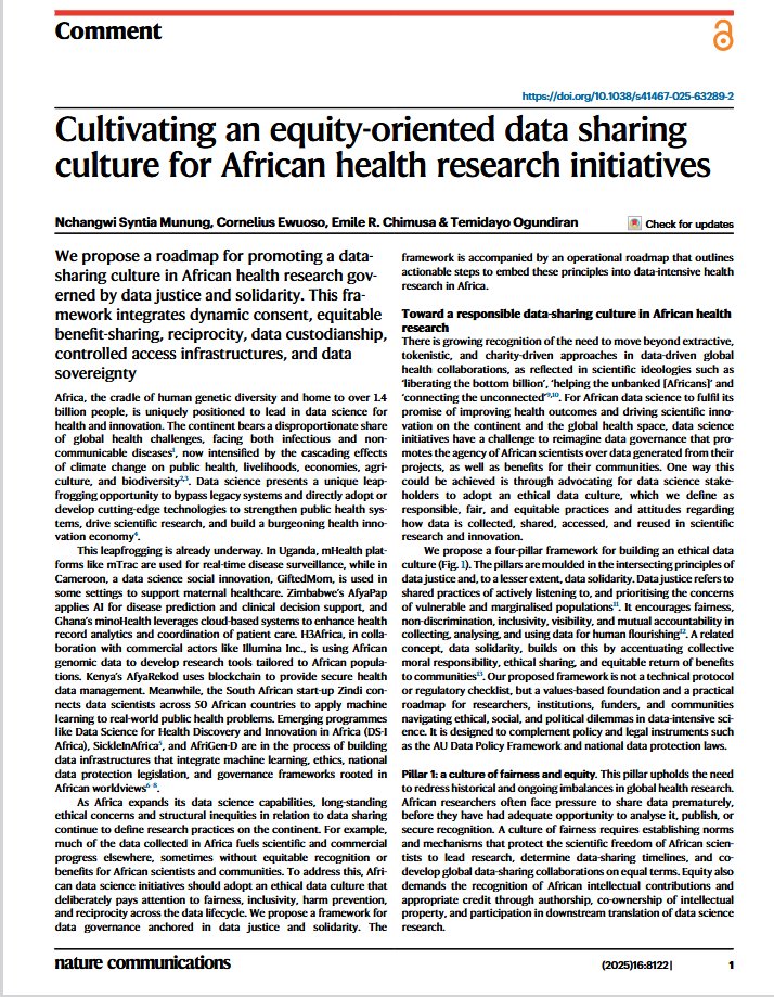In a recent publication, we propose a roadmap for promoting a data-sharing culture in African health research. It integrates dynamic consent, benefit- sharing, controlled access infrastructures &amp; data sovereignty. See: nature.com/articles/s4146…. <a href="/DSI_Africa/">DS-I Africa</a>  <a href="/aphrc/">APHRC</a>  <a href="/Fogarty_NIH/">Fogarty at NIH</a>