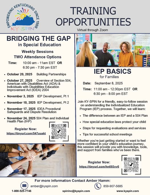 TrueUpKY's tweet image. Families should have access to clear information regarding educational support. Join this complimentary Kentucky Special Parent Involvement Network (KY-SPIN), Inc. session, and explore evaluations, meetings, and your rights within special education.

tinyurl.com/547uuakt
