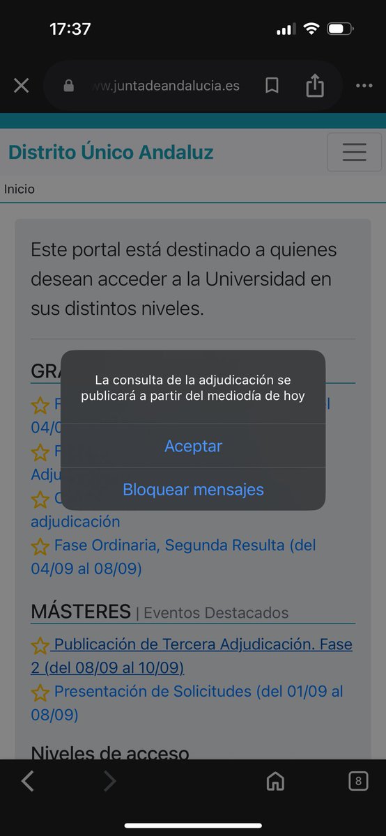 Distrito único andaluz no sé cuándo piensa poner la adjudicación de másteres. Al medio día y son las 17:30h 🙃