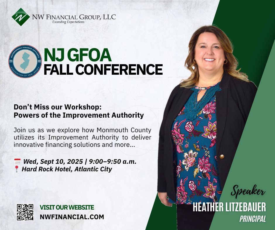 NWFinancialGrp's tweet photo. We are pleased to share that NW Financial Group will be in attendance at the GFOA NJ Fall Conference.

Our very own Heather Litzebauer will be a featured speaker during the workshop: “Powers of the Improvement Authority.”

#NWFinancial #GFOANJ #MunicipalFinance #PublicFinance https://t.co/WtQ1BLNIB0