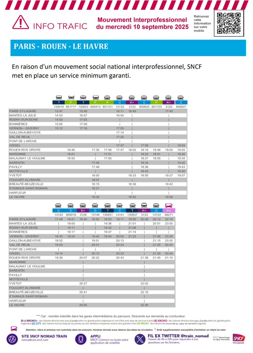 ⚠️ Infos 10/09 ⚠️

<a href="/train_nomad/">SNCF NOMAD TRAIN</a> vient de publier le Plan de transport pour mercredi 

Voici celui de Le Havre ↔️ Rouen ↔️ Paris

<a href="/UsagersSNCF/">UsagerSNCF - #ADURN ParisRouenLeHavre</a> <a href="/udupc14/">🚅UDUPC : Usagers du Paris-Caen-Cherbourg</a> <a href="/ChauvelMarina/">CHAUVEL MARINA</a>