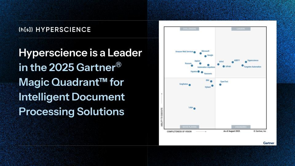 HyperscienceAI's tweet image. We’re proud to be named a Leader in the first-ever 2025 @Gartner_inc  Magic Quadrant™ for Intelligent Document Processing Solutions report. We believe the launch of this Magic Quadrant for IDP solutions reflects the growing importance  of the market. shorturl.at/PAGmI
