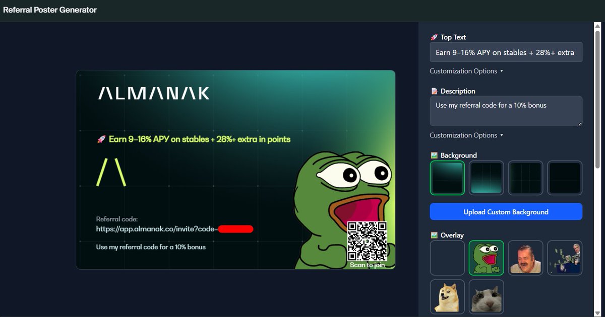 You can now create and share customized referral links.

Invite people to participate in the vaults, and earn points based on the TVL they deposit.

You can upload your own custom meme into it. 
Show us the best you've got in the comments! 👇