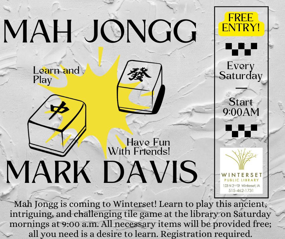 Our weekly Mah Jongg class will change from 9:30 am to 9:00 am on Saturdays starting this Saturday, September 13.