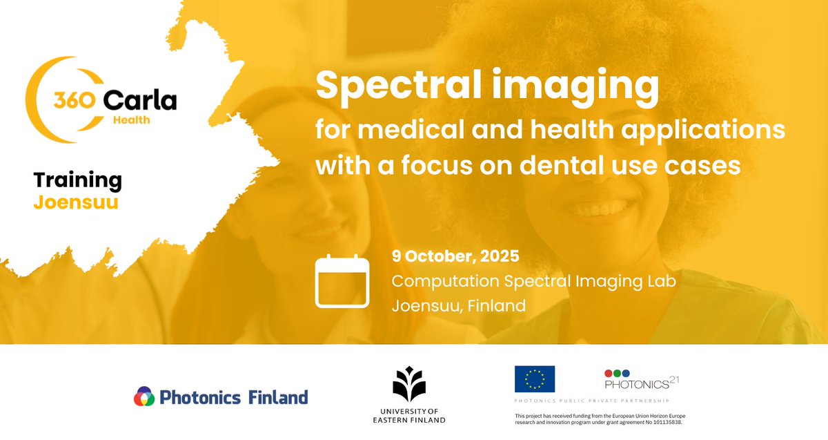 🔬 Training alert!

Join us on Oct 9, 2025 at the University of Eastern Finland, Joensuu for a hands-on #360CARLA training on Spectral Imaging for Medical &amp; Health Applications.

Free, but spots are limited! Apply now 👉 carlahub.eu/events/360-car…

#carlahub #photonics