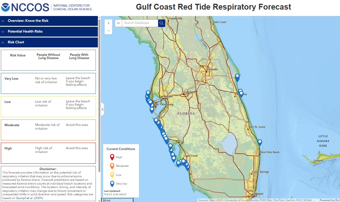 NOAA Coastal Ocean Science (@noaacoastalsci) on Twitter photo Update your bookmarks – the Gulf Coast respiratory forecast has moved to a new home! This interactive online tool provides beach-level forecasts for respiratory irritation caused by Karenia brevis, commonly referred to as #RedTide. experience.arcgis.com/experience/1ef… Update your bookmarks – the Gulf Coast respiratory forecast has moved to a new home! This interactive online tool provides beach-level forecasts for respiratory irritation caused by Karenia brevis, commonly referred to as #RedTide. experience.arcgis.com/experience/1ef…