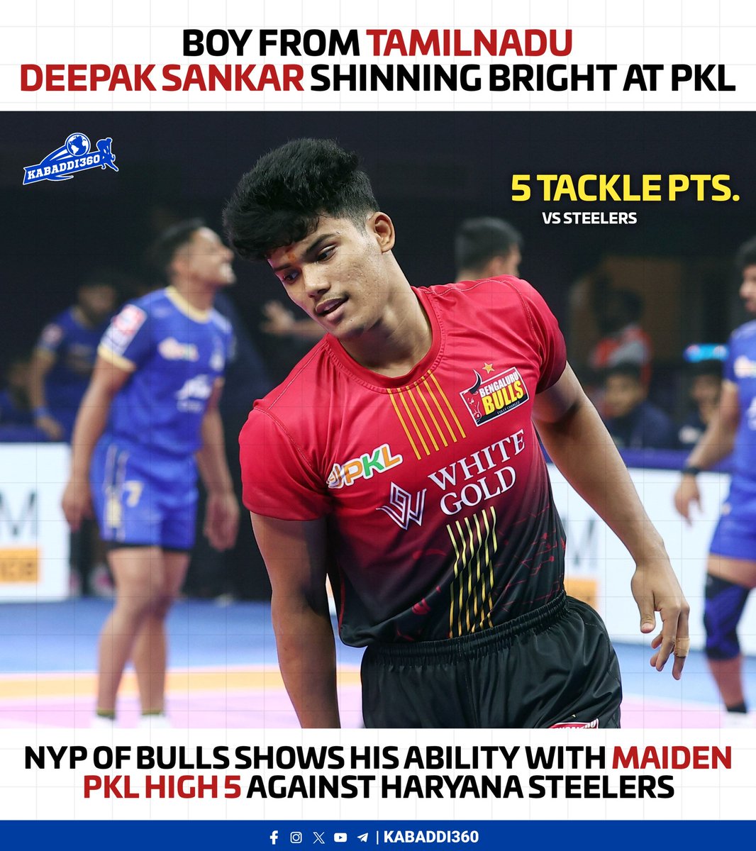 Kabaddi_360's tweet photo. Deepak will have great Future in PKL ✨⭐
.
.
.
.
#DeepakSankar #High5
#BengaluruBulls #Prokabaddi
#TamilnaduKabaddi #Kabaddi360 https://t.co/TDgFKvgIZo