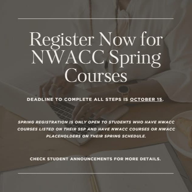 Students who have NWACC Spring 2026 courses listed on their SSPs and have a specific NWACC course or an NWACC App Request placeholder on their schedule can register for Spring NWACC courses. These students will receive an email with additional registration details.