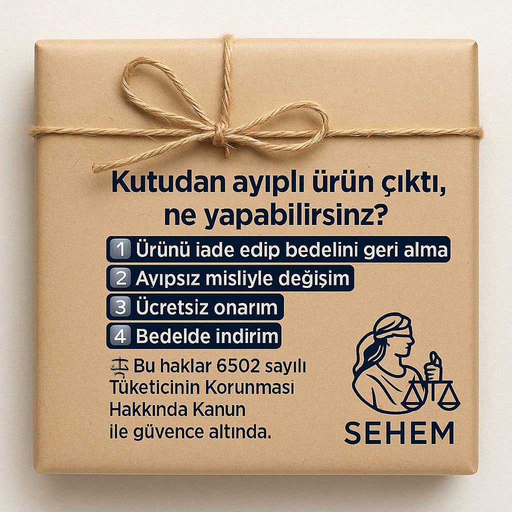 📦 Kutudan ayıplı ürün çıktıysa 4 hakkınız var:
1️⃣ İade
2️⃣ Değişim
3️⃣ Ücretsiz onarım
4️⃣ Bedelde indirim

⚖️ 6502 sayılı Tüketici Kanunu sizi koruyor.

#hukuk #tüketicihakları #ayıplıürün #iade #sehem