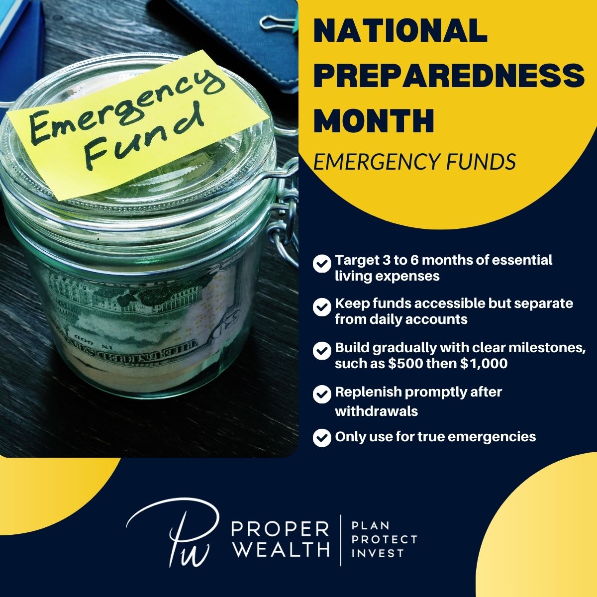 Proper_Wealth's tweet image. An emergency fund is not just cash in the bank. It&apos;s a safeguard that provides options when life brings unexpected challenges. Whether it&apos;s a medical bill, job change, or sudden repair-a financial cushion makes all the difference. #EmergencyFunds #PreparednessMonth #ProperWealth
