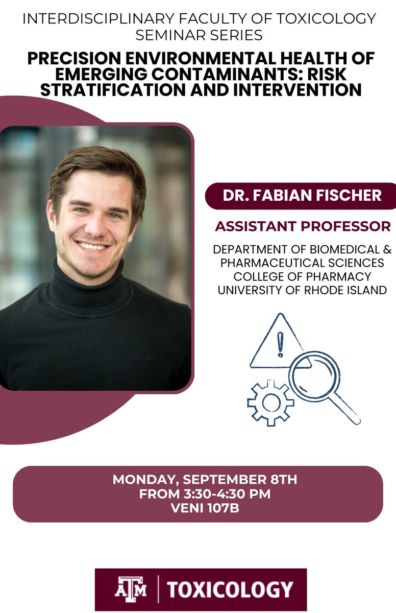 Join us today at 3:30pm in VENI 107B for an exciting seminar with Dr. Fabian Fischer! #toxicology #environmentalhealth <a href="/tamuvetmed/">Texas A&M VetMed</a>