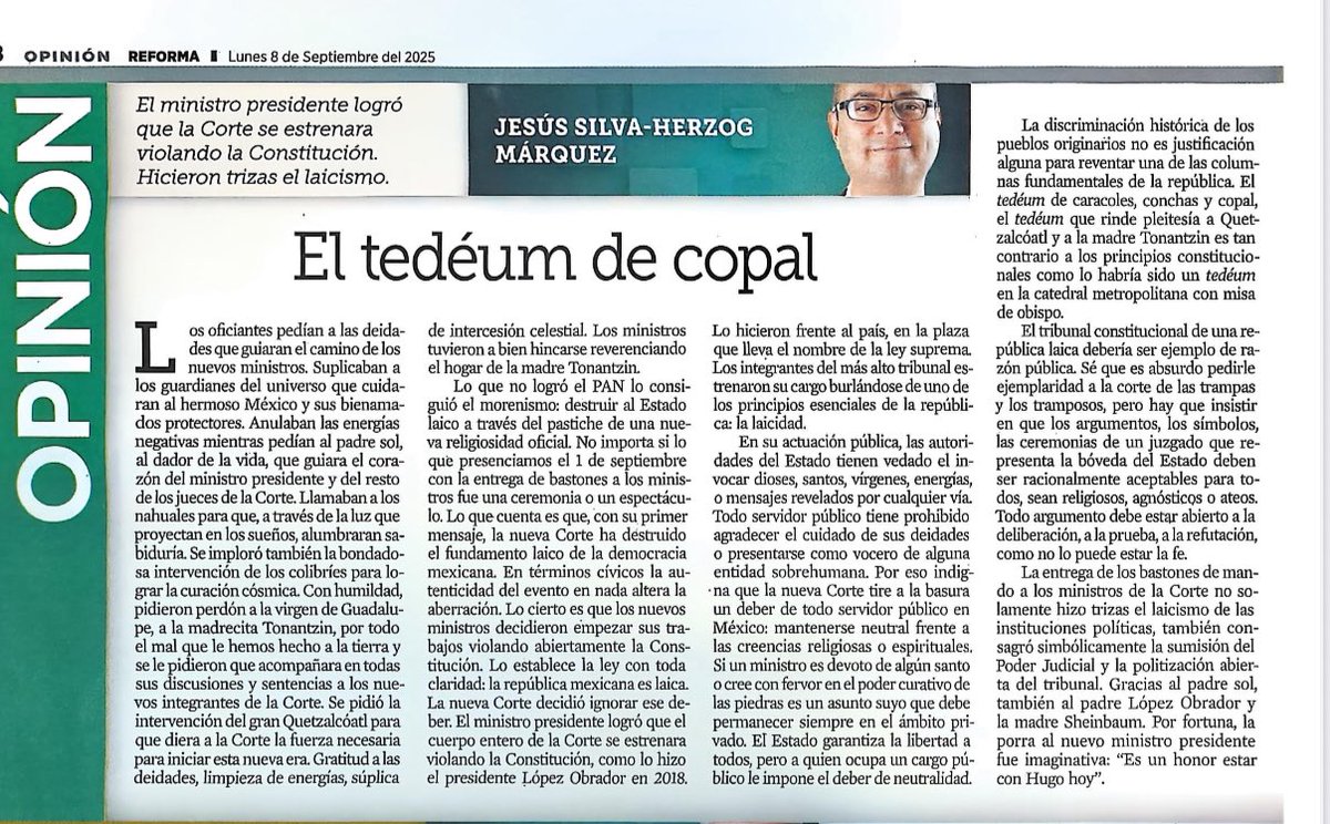 Tan terso como devastador, el artículo de <a href="/jshm00/">Jesús Silva-Herzog M</a> de este lunes 8 de septiembre critica la ceremonia -ridícula e inoportuna por donde se mire- con la que l@s nuev@s ministr@s de la @scjn iniciaron sus labores. 
Lo dicho: comenzaron con el pie izquierdo.