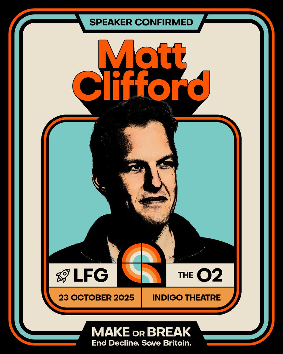 Announcing the first of our speakers for LFG: MAKE OR BREAK 🚀

Speaking for the FIRST TIME since leaving his role as AI Advisor to No10:

Leading British entrepreneur
Chair of @ARIA_Research

MATT CLIFFORD
<a href="/matthewclifford/">Matt Clifford</a>

23/10/25 🚀 Tickets on sale NOW 🚀Indigo @ The O2