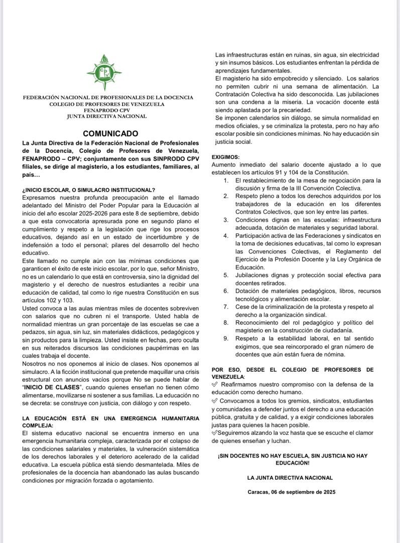 COMUNICADO de la Federación Nacional de Profesionales de la Docencia, Colegio de Profesores de Venezuela, FENAPRODO – CPV; conjuntamente con sus SINPRODO CPV filiales, dirigido al magisterio, a los estudiantes, familiares, al país… Inicio del año escolar 2025-2026