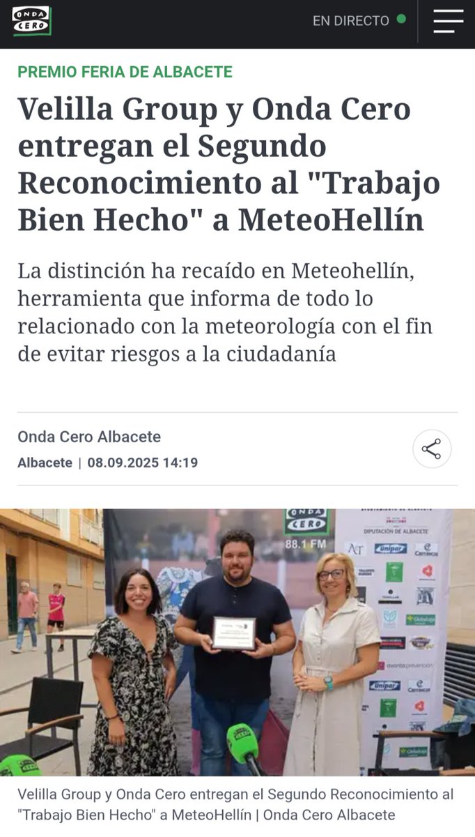 MeteoHellin's tweet photo. 👏🏻🫂Gracias a Onda Cero Albacete (@AlbaceteCero) y Velilla Group por dl reconocimiento al "Trabajo Bien Hecho" a nuestra labor, en el programa "Más de uno Albacete". Seguiremos trabajando para informar y divulgar en lo que a meteorología se refiere en la provincia de #Albacete. https://t.co/6m4Yko6uuK