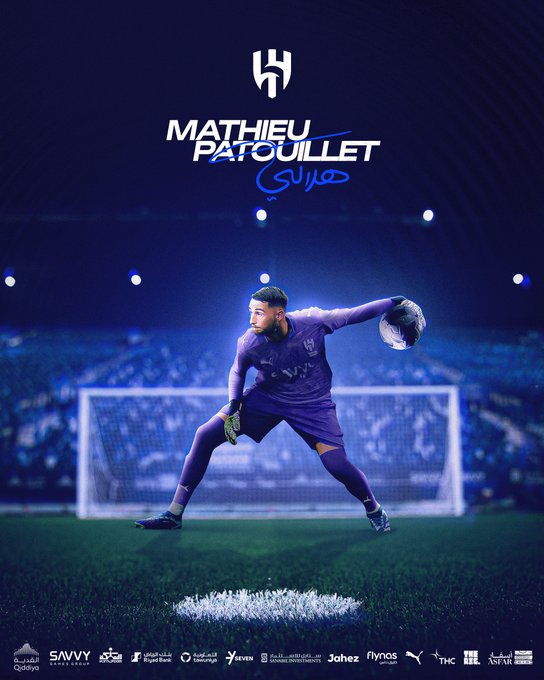 Mathieu Patoillet in a purple goalkeeper uniform, standing on a soccer field in front of a goal. He is holding a soccer ball, with a stadium crowd visible in the background. Text overlay reads 