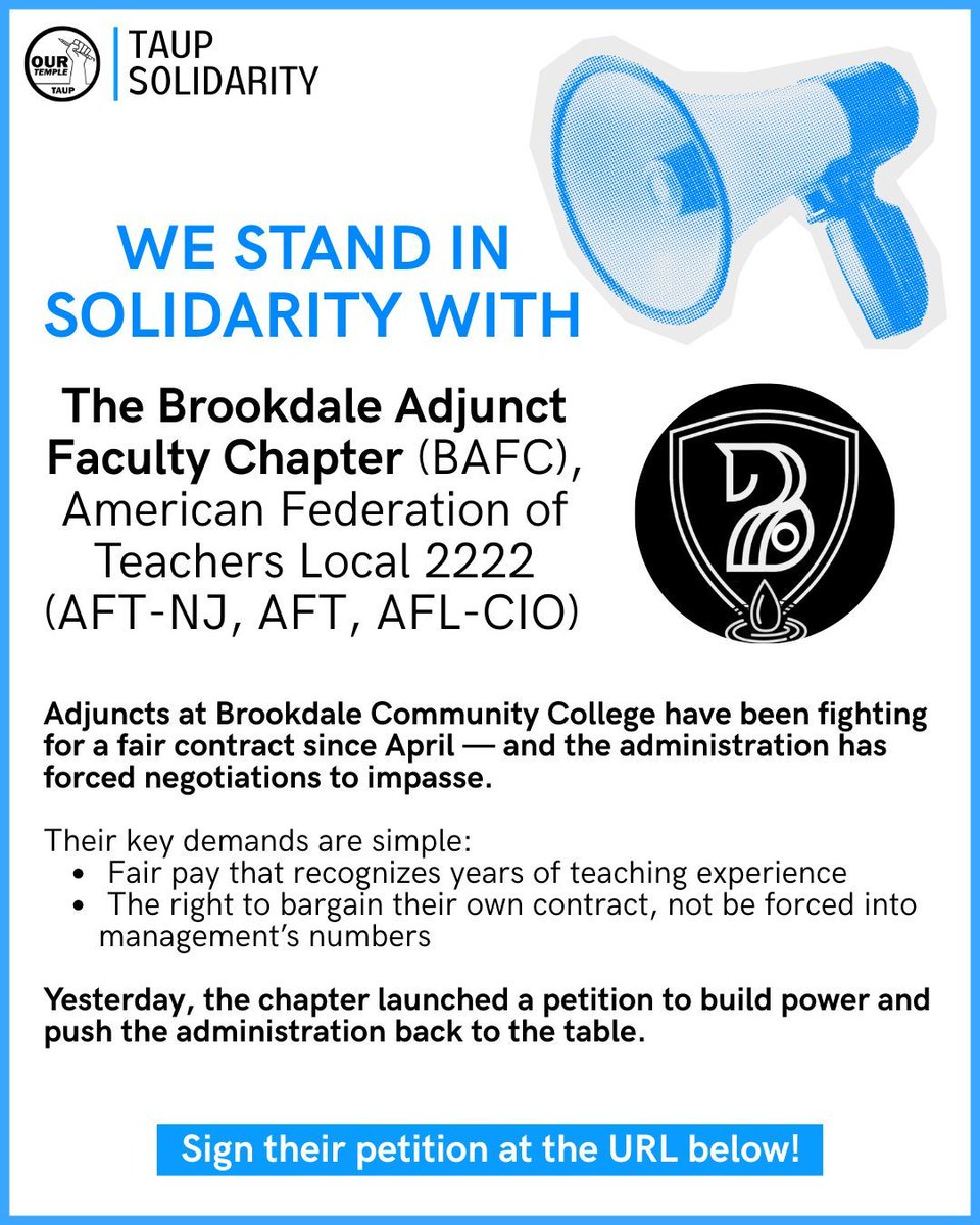✊ Solidarity with the Brookdale Adjunct Faculty Chapter of Local 2222, United Adjunct Faculty of NJ!
Last Thursday, the chapter launched a petition to build power and push the administration back to the table. Show your support by signing and sharing: buff.ly/hl859PL
