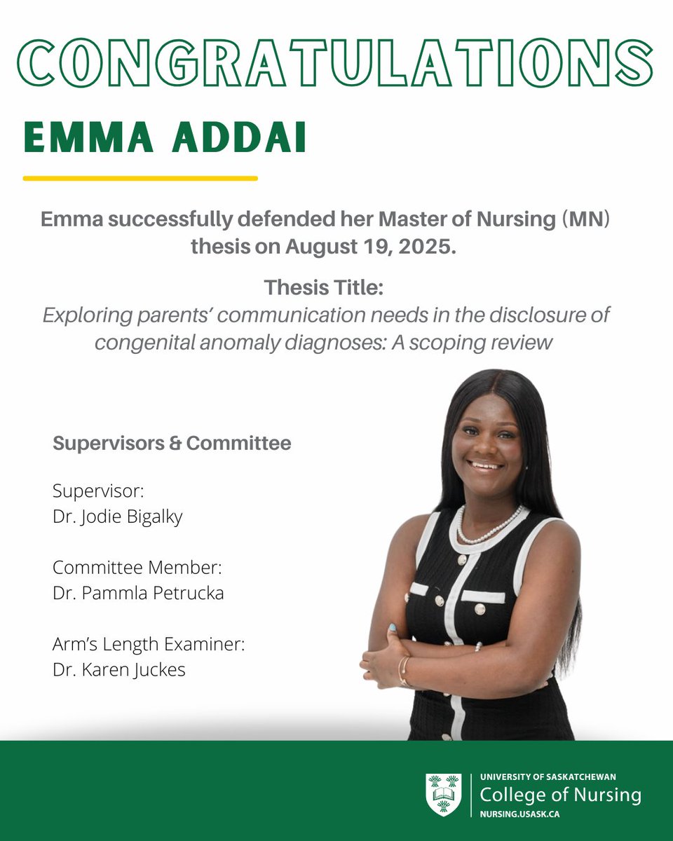 Congratulations to Emma Addai on successfully defending her Master of Nursing Thesis!

#USask #USaskNursing #Nursing #BeWhatTheWorldNeeds