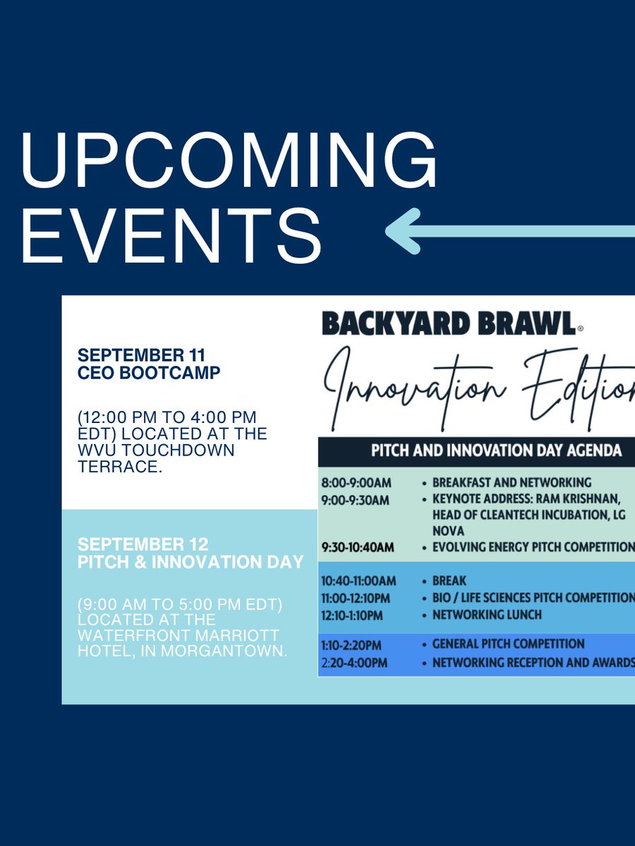 This week! 
💼 CEO Bootcamp
📍 Touchdown Terrace

💡 Pitch &amp; Innovation Day
📍 Waterfront Marriott, Morgantown

Register Here: wvu.qualtrics.com/jfe/form/SV_eA…