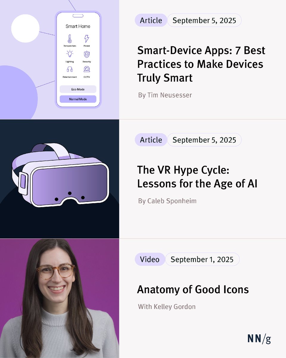 NNgroup's tweet photo. New from NN/g:
๐ Smart-Device Apps: 7 Best Practices
๐ฅฝ The VR Hype Cycle
โจ Anatomy of Good Icons
Check them out: https://t.co/698Usi2XTV
#NNGroup #UpToDate https://t.co/hkVscMSkHu