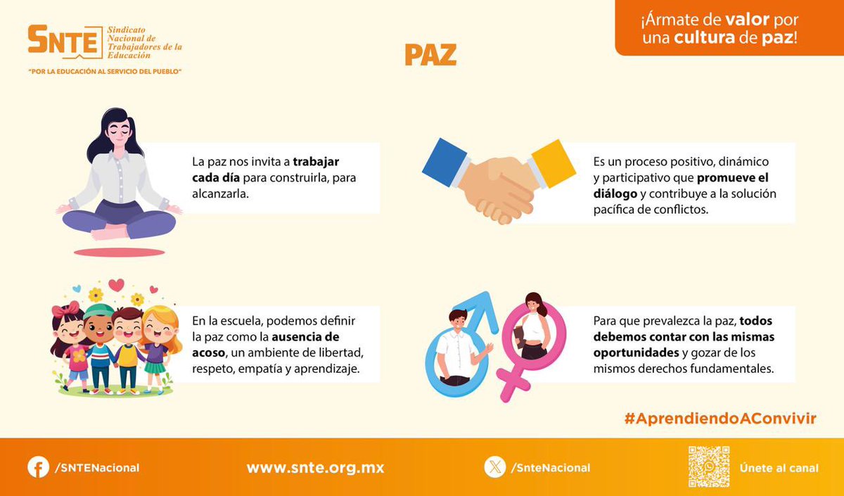 ¡Á𝕣𝕞𝕒𝕥𝕖 𝕕𝕖 𝕧𝕒𝕝𝕠𝕣 𝕡𝕠𝕣 𝕦𝕟𝕒 𝕔𝕦𝕝𝕥𝕦𝕣𝕒 𝕕𝕖 𝕡𝕒𝕫!

🕊️ Para preservar la paz escolar, se requiere respeto mutuo, empatía y el compromiso de resolver conflictos a través del diálogo. 🫶 Fomentemos un ambiente de cooperación.
👉 snte.org.mx/cultura-paz/